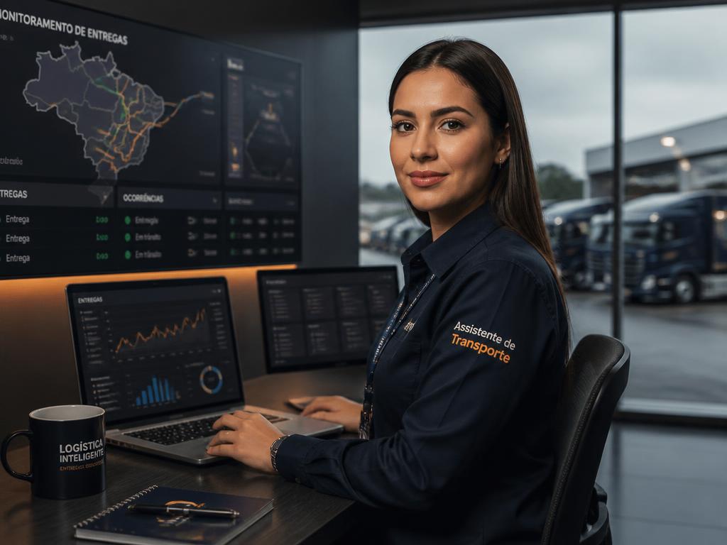 Profissional de transporte monitorando rotas e entregas em sala de controle